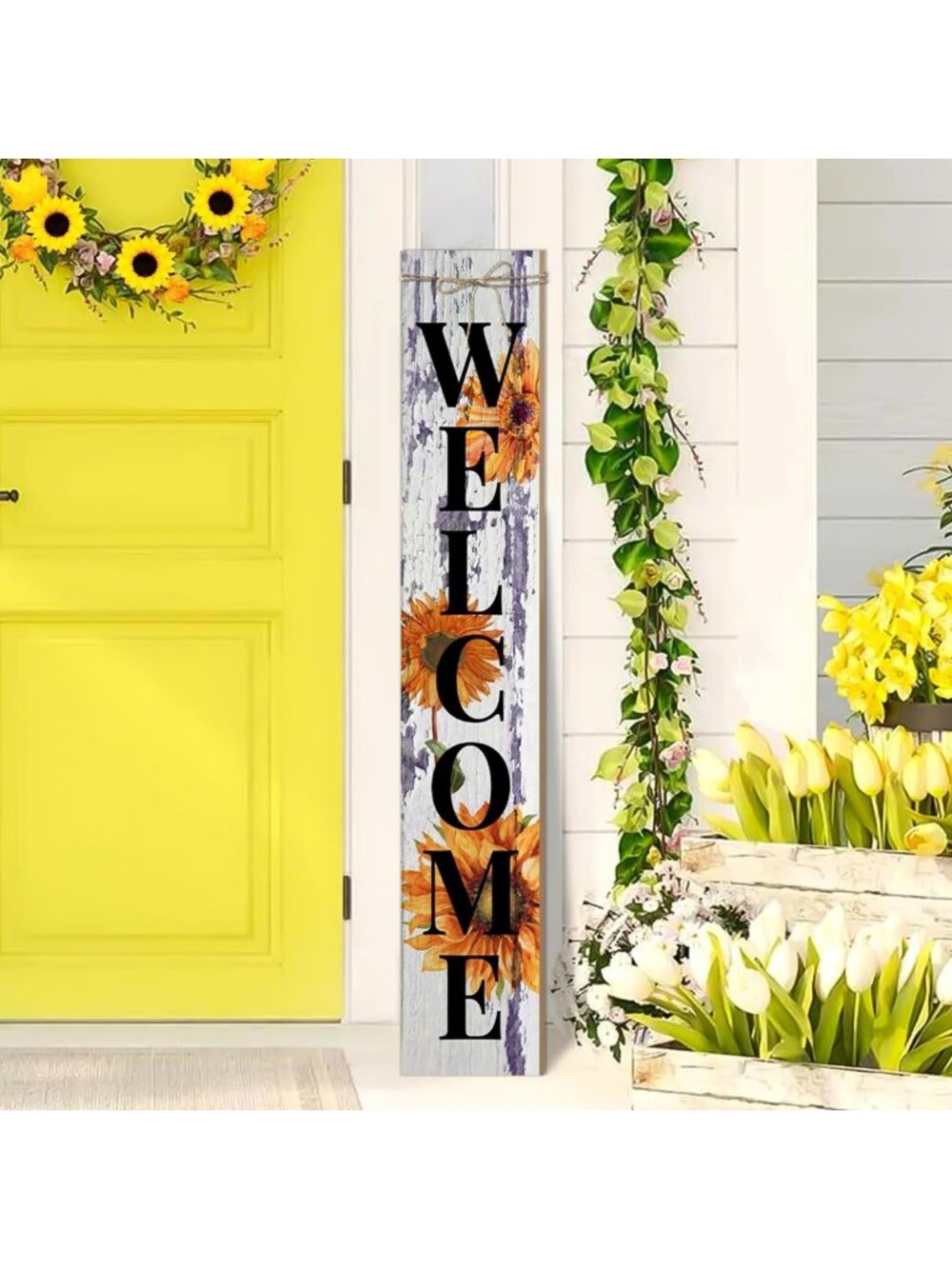 Summer Sunflower Welcome Sign - Wooden Hanging Porch Decor for Front Door